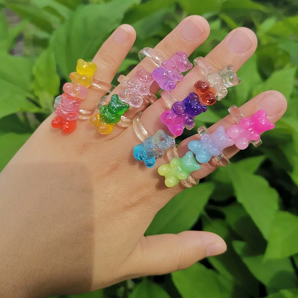 2021 New irregular geometric cute colourful Bear rings women animal resin plastic acrylic ring for girl kids Christmas gift