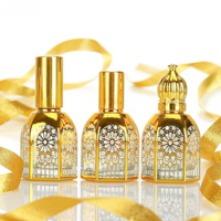 Vente en gros de flacons d'huile essentielle en verre de haute qualité de 15 ml en métal doré avec un design arabe Atar, flacons de parfum