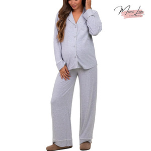 Ensemble pyjama de maternité 2 pièces, haut à col en V boutonné, pantalon large, pour femmes enceintes - Product Image 1