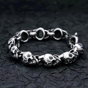 Pulsera con forma de calavera yunnique, brazalete de cadena de acero inoxidable para hombre, grabado de estrella de cinco puntas, cierre de langosta, regalo de joyería, 19,5 CM, 22,5 CM - Product Image 3