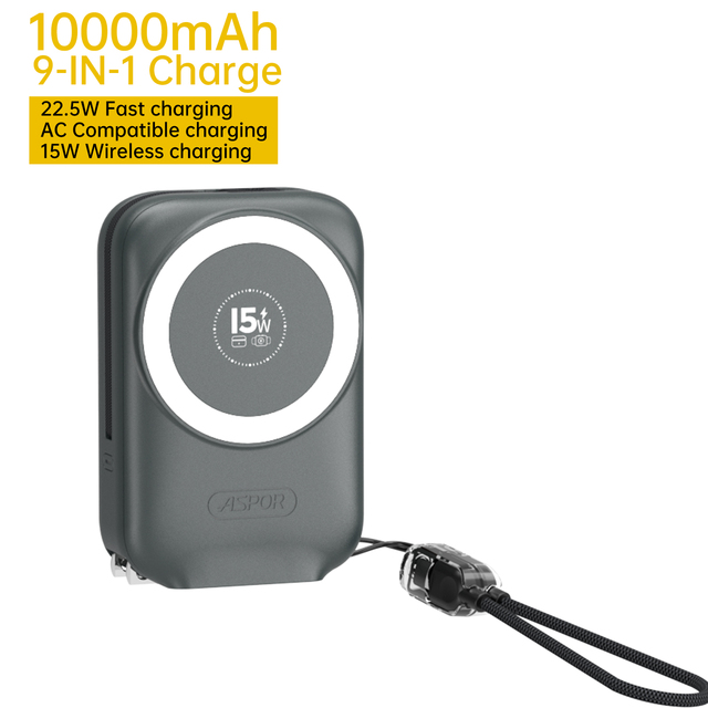 9-in-1 Multi-functional Power Bank 10000mAh PD 22.5W Fast Charge with Integrated Cable and AC Plug Universal Travel