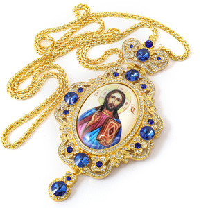 ZD043 Diseño ovalado Europa Ortodoxo 18K Chapado en oro Pectoral Cruz Collar con personalizar icono Imprimir y piedras de color - Product Image 2