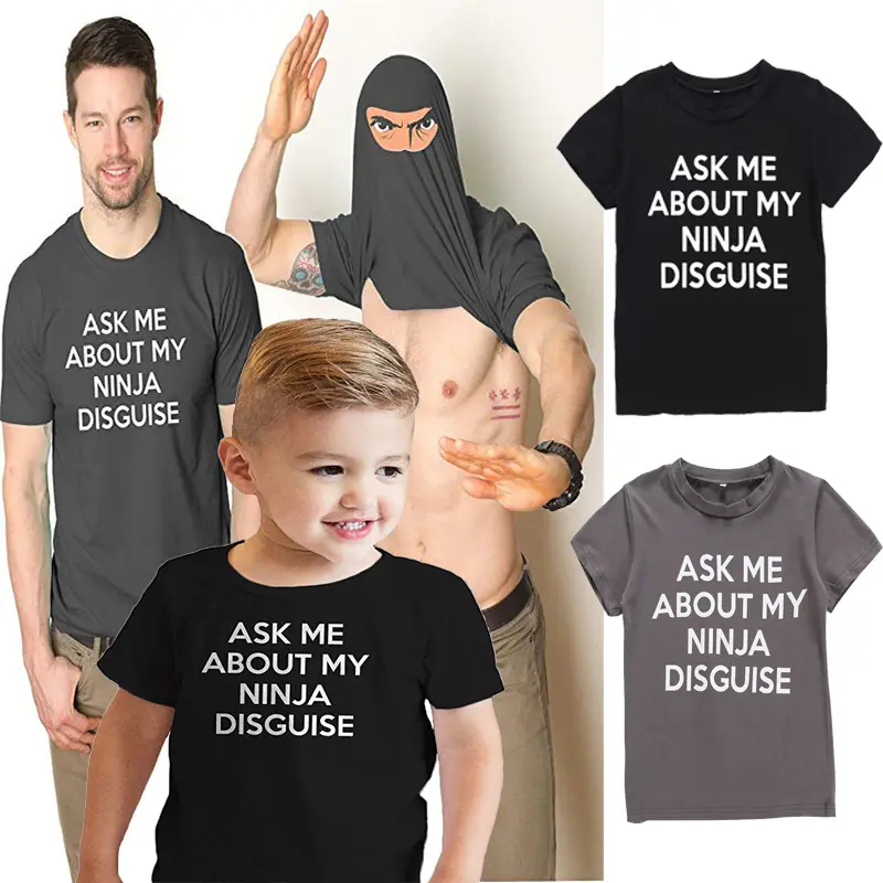 Compras en línea de Funky papá niño familia juego de algodón de ropa de 2 lados Ninja de impresión de color negro o cuello t camisas