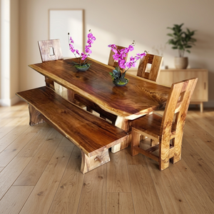 Dalle épaisse en bois de Suar massif bords vivants table à manger intérieure et extérieure banc de bar ensemble de chaises meubles de salle de restaurant vente en gros - Product Image 3
