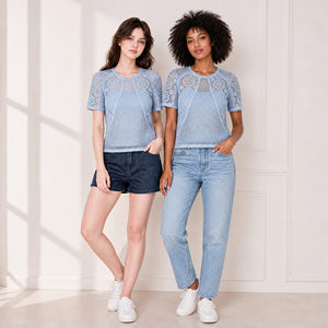 Elegante top in maglia traforata di <span class=keywords><strong>pizzo</strong></span> <span class=keywords><strong>blu</strong></span> da donna, a maniche corte, girocollo, vestibilità slim, stile coreano, camicetta estiva da pendolare - Product Image 5