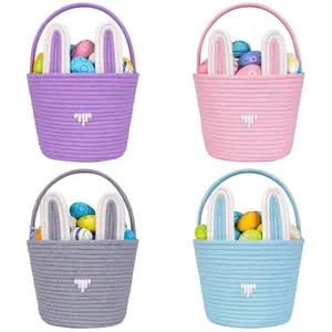 可爱的复活节水桶包，带兔子耳朵，用于复活节彩蛋，带手柄的空帆布篮盒，折叠式收纳袋