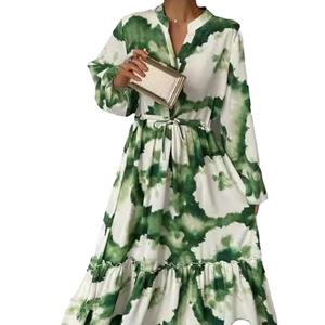 Wholesale Custom OEM High Quality Womens <b>Dress</b> Casual Fashion Waist Adjustable Long Sleeve Floral Print Long <b>Dresses</b> - Product Image 4