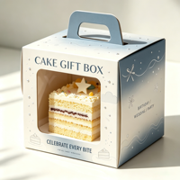 Herbruikbare kartonnen bakkerijdoos met transparant venster, zelfoprichtend ontwerp, matte laminatie, aanpasbare maat en vorm voor snacks.