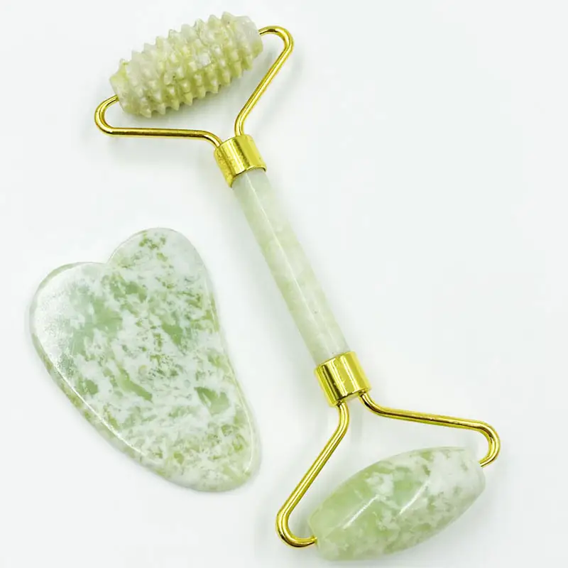 Portable 3d Eco Friendly Beauty Natural Jade Rollers Massage Gua Sha Sets Xiuyan Jade Facial Massage Roller