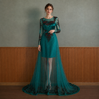 Gaun Ibu Pengantin Wanita Warna Hijau Teal Lengan Panjang Berhias Manik-Manik Ilusi Gaun Malam Formal Ukuran Besar Grosir Kustom