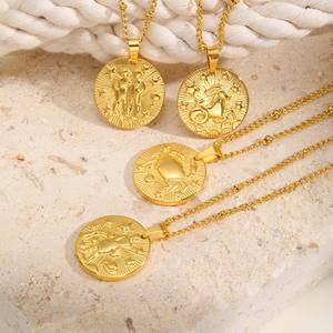 Collana con Ciondolo a Moneta dei 12 Segni Zodiacali Placcata Oro 18k in Acciaio Inossidabile Impermeabile per Uomo e Donna - Product Image 4