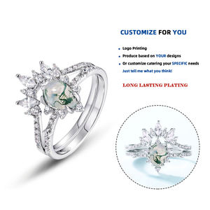 R013537天然苔藓玛瑙戒指套装925纯银绿叶苔藓玛瑙订婚戒指女性结婚承诺戒指 - Product Image 1