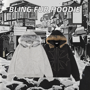 Sudadera con capucha Y2K de invierno para hombre, estilo vintage, informal, holgada, brillante, con pedrería, cremallera, forro polar y ribete de piel. - Product Image 5