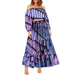 新款大码女性优雅长袖脱肩两件套塔帕波利尼西亚部落裁剪上衣和长裙女童连衣裙 - Product Image 3