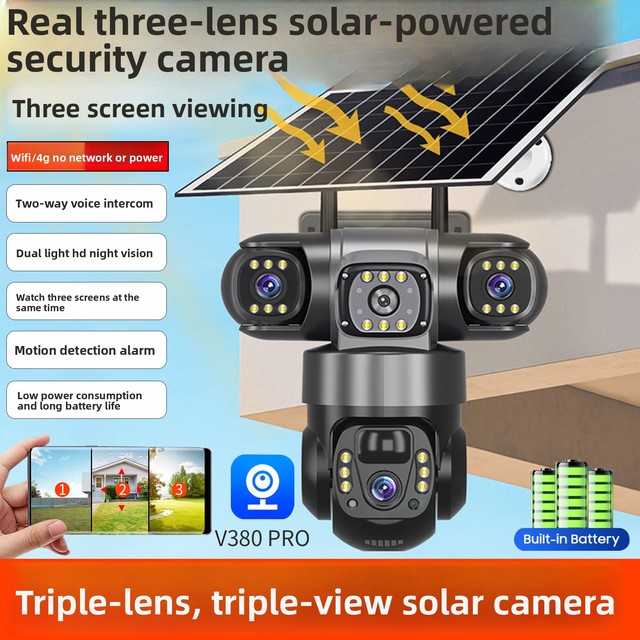 Battery Powered 3 Cameras Solar 1080P 360 View PTZ Rotatable Via App 4G/WiFi Two-Way Audio Night Vision Full Color Human CCTV