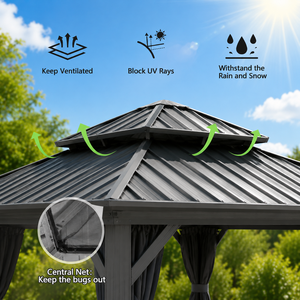 Pergola extérieure en acier à double toit <span class=keywords><strong>de</strong></span> 14 pieds avec poteaux en aluminium, moustiquaire et <span class=keywords><strong>rideau</strong></span> d'intimité - Product Image 4
