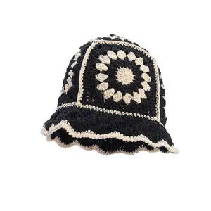Роскошная вязаная крючком шапка ручной работы в богемном стиле с цветами, зимняя короткая вязаная Панама с короткими полями и снежинками