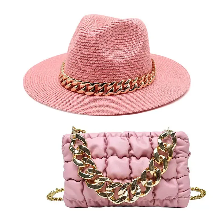 Summer Trendy Gold Chain Decoração Purse Straw Fedora Hat E Bag Set Quilted PU Leather Women Shoulder Lady Handbags