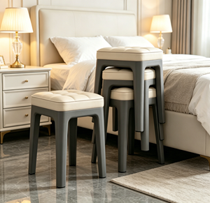 <b>Stackable</b> Tufted PU <b>Dining</b> Stool, Grey Plastic Frame Multi-Purpose Vanity Bench for Kitchen Bedroom - Product Image 6