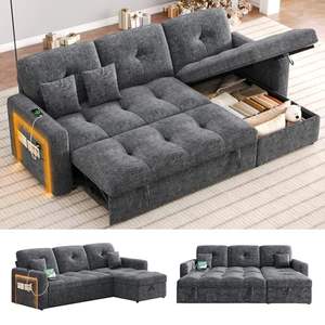 Canapé sectionnel LED en chenille avec lit gigogne convertible en forme de L, rangement, chaise longue, dossier réglable, USB - Product Image 1