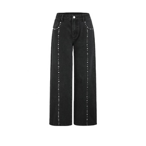 Fabricants personnalisés femmes festival de musique en direct maison fête clubbing porter <span class=keywords><strong>noir</strong></span> solide <span class=keywords><strong>taille</strong></span> <span class=keywords><strong>haute</strong></span> clouté jambe <span class=keywords><strong>droite</strong></span> <span class=keywords><strong>jean</strong></span> - Product Image 1