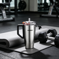Gourde isotherme classique en acier inoxydable 304, 30 oz, argent brillant 18/10, avec poignée et paille