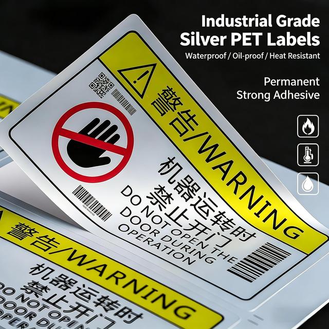 Customized Waterproof Matte Silver PET Sticker, Heat Resistant Industrial Label for Electrical Nameplates & Asset Management