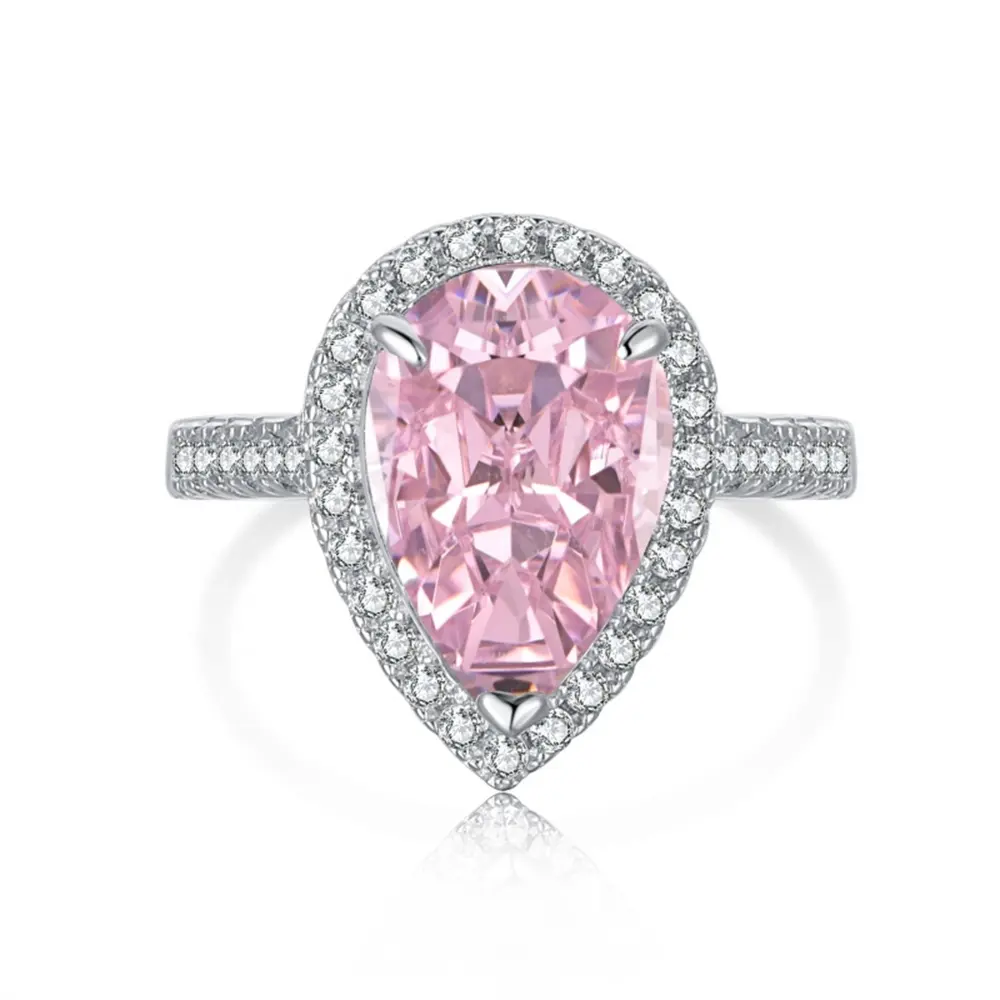 latest ice flower cut inlay pink moissanite 925 sterling silver women's ring dinner temperament elegant water drop diamond ring