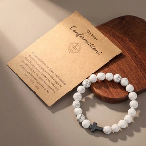 Cross Natural Stone <b>Beaded</b> <b>Bracelet</b> Set Black Volcanic Stone Cross Accent Unisex Jewelry Confirmation Gift - Product Image 3