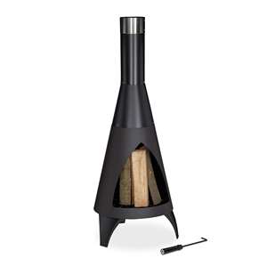 Cheminée à bois conique en acier noir avec cheminée haute et pique à bois pour patio et foyer extérieur - Product Image 5