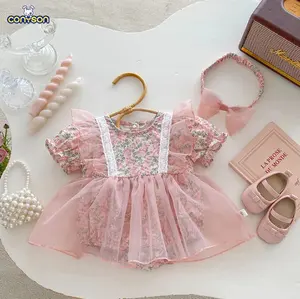 Conyson 2024 Summer New Baby Bodysuit With Hair Band Sweet Puff Sleeve Baby Girls Floral Mesh One Piece Infant baby kids clothes