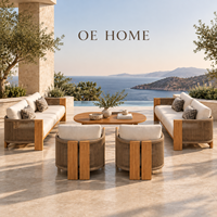 Ensemble de canapés d'extérieur en teck et en osier avec coussins épais, 2 canapés + 2 chaises individuelles + table basse ronde pour la cour arrière ou le bord de la piscine