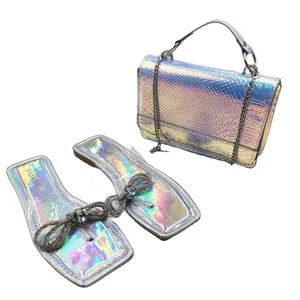 Fashion 2021 Luxury Bag Glitter Scales Leather Square Shape Handbags Matching Bags And Shoes set