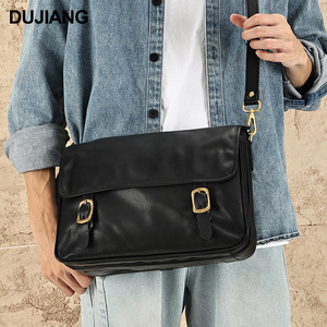 Bolso Cruzado para Hombre Dujiang, Cuero Genuino Negro, Gran Capacidad, Expandible, Alivia la Carga, Detalle de Costura, Uso Diario - Product Image 1