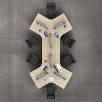Postes de travail modernes et minimalistes en bois triangulaires personnalisables pour 6/8 personnes, bureau avec écran de séparation et ensemble de chaises d'ordinateur