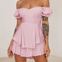 Mono de chifón con hombros descubiertos, manga farol, color liso, informal, para verano 2026 - ¡Gran oferta!