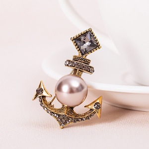 Broche Ancre en Alliage Plaqué Or avec Cristal Bleu et Perle d'Imitation pour Bijoux de Mode Masculine, Cadeau de Fiançailles, Mariage, Fête - Product Image 2