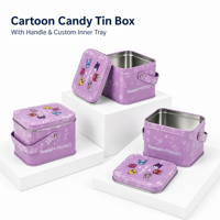 Boîte en fer blanc à motif de dessin animé mignon avec poignée, de qualité alimentaire, avec plateau intérieur personnalisé pour biscuits, chocolat, cadeau de mariage