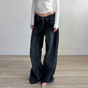 Jeans amples de style américain pour femmes, fermeture éclair asymétrique, jambe droite, large, longueur au sol, pantalon en denim - Product Image 4