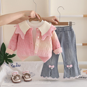बेबी गर्ल 3 पीसी ग्रेडिएंट बुना हुआ कार्डिगन फ्लेयर - Product Image 3