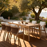 Ensemble de table et chaises de salle à manger en teck moderne pour l'extérieur, durable, imperméable, résistant au soleil, anti-corrosion, mobile pour la cour/le jardin