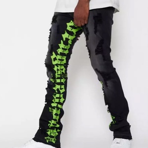 Jeans Casuales Azules para Hombre, Personalizados con Letras Impresas, Corte Ajustado, Pantalones de Mezclilla Negros Desgastados - Product Image 4