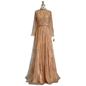 Gold High Neck A-line Luxury Beaded Evening Dresses Serene Hill LA71682 Muslim Formal Party Gowns For Women