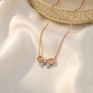 คอลเลคชั่นใหม่ ชุดเครื่องประดับสำหรับใส่ทุกวัน งานแกะสลัก CNC ทองคำแท้ 14K สีโรสโกลด์ ประดับเพชรธรรมชาติ จี้รูปโบว์ สร้อยคอสำหรับผู้หญิง - Product Image 5