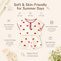 Ensemble 2 pièces short en gaze froissée à imprimé cœurs en coton pour bébés filles – Tenue douce été-automne pour tout-petits