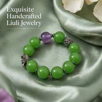 Gelang Meditasi Yoga Motif Bunga Hijau Diameter 16mm Bulat Berbahan Kaca Liuli Buatan Tangan Grosir untuk Hadiah Wanita
