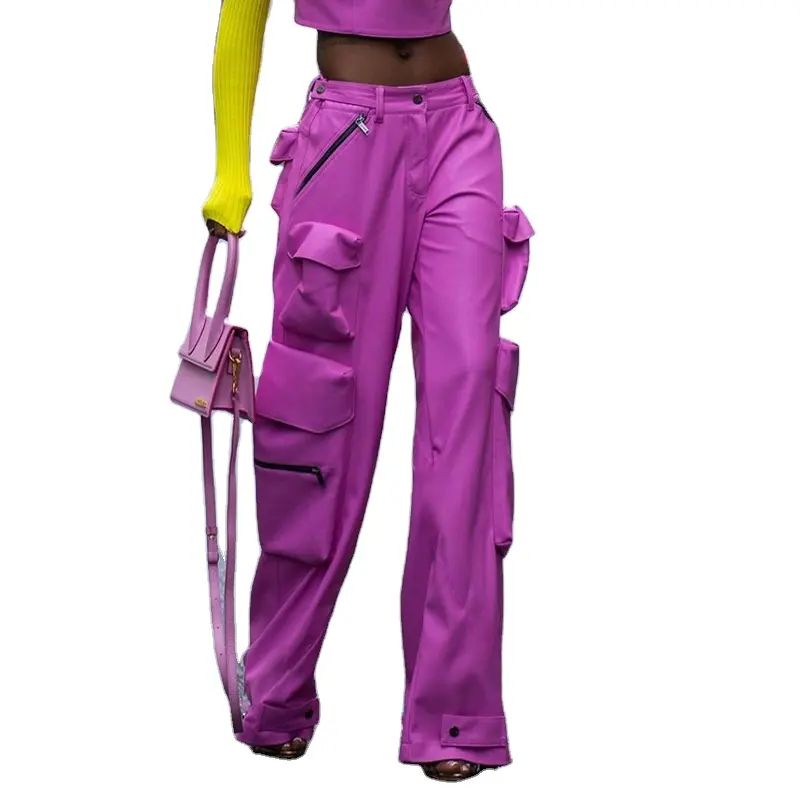 Calças cargo femininas de couro PU com bolsos, novidade 5PT01 de designer, calças streetwear femininas de cintura alta, novidade de 2024