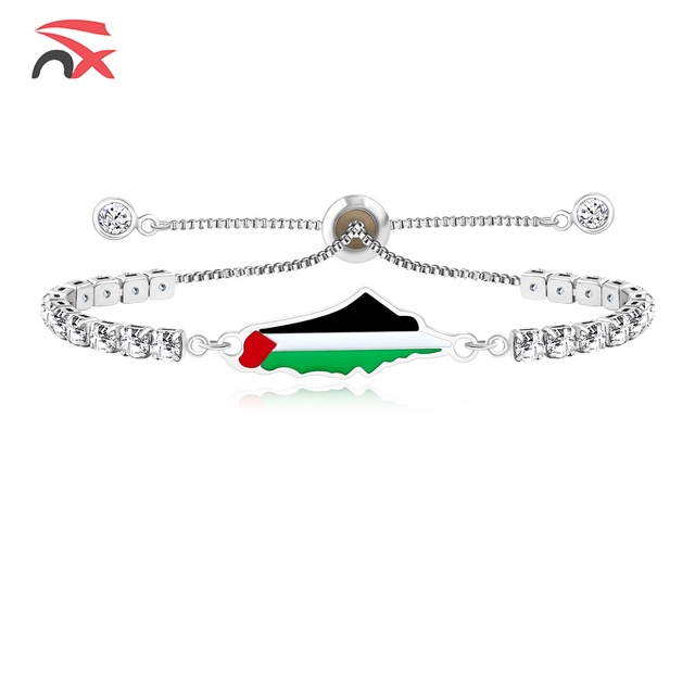 Wholesale Fashion Jewelry Stainless Steel Colorful Beaded Hand String Metal Palestine Flag Charm Chain Bracelet