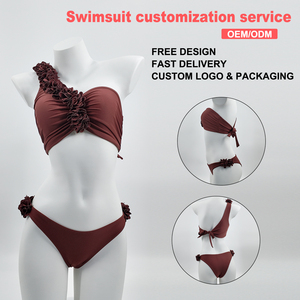 بيكيني بورجوندي بكتف واحد مع زخارف زهرية ثلاثية الأبعاد |   ملابس سباحة نسائية مثيرة بتصميم منتجعات عابرة للحدود - Product Image 1