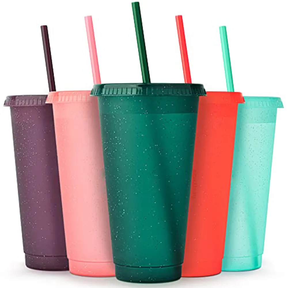 Vaso de plástico para bebidas frías personalizado, vaso de plástico sólido rojo de 16oz y 24oz, vaso de color brillante con tapa y paja